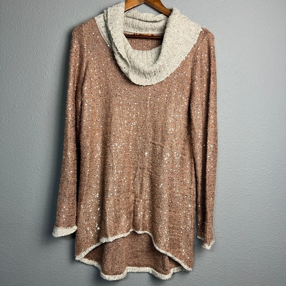 Belldini Sequin Glitter Sweater Tunic Cowl Neck Sparkle Knit Top Long Sleeve L - Picture 1 of 12